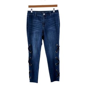 One 5 One Ribbon Corset Leg Raw Hem Mid Rise Dark Wash Denim Jeans | 6